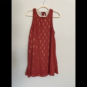 AUDREY 3+1 Burnt Orange and Gold Accent High-Neck Mini Dress (Small)